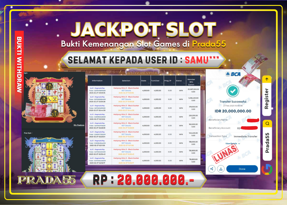 JACKPOT SLOT MAHJONG WIN3 BLACK SCATTER RP.20.000.000,- LUNAS DI PRADA55!