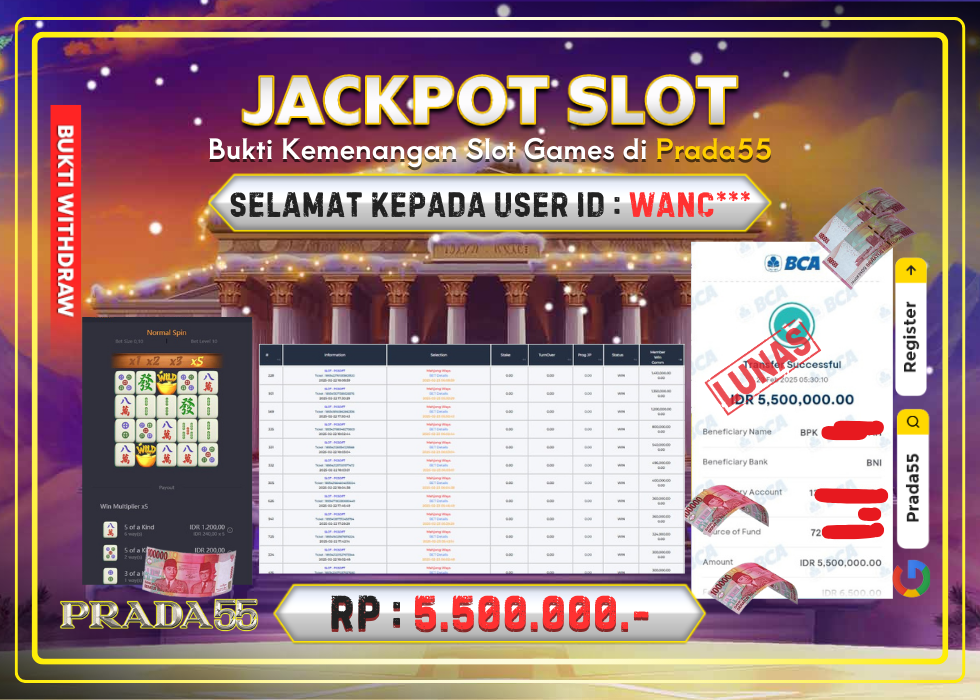 JACKPOT SLOT PGSOFT MAHJONG WAYS RP.5.500.000,- LUNAS DI PRADA55!