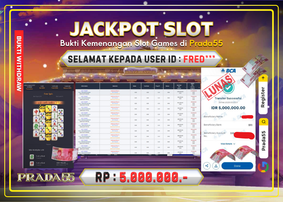JACKPOT SLOT PGSOFT MAHJONG WAYS 2 RP.5.000.000,- LUNAS DI PRADA55!