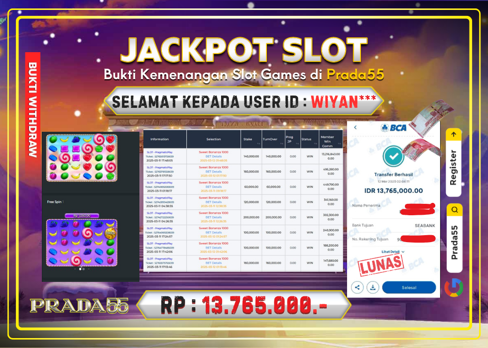 JACKPOT SLOT SWEET BONANZA 1000 RP.13.765.000,- LUNAS DI PRADA55!