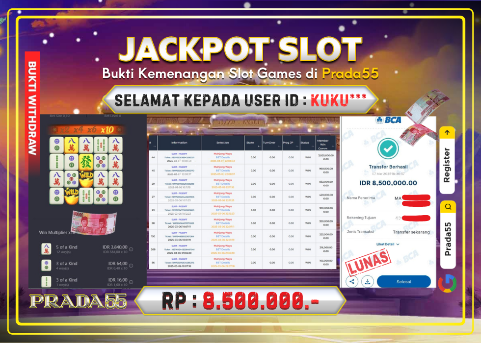 JACKPOT SLOT PG-SOFT MAHJONG WAYS RP.8.500.000,- LUNAS DI PRADA55!