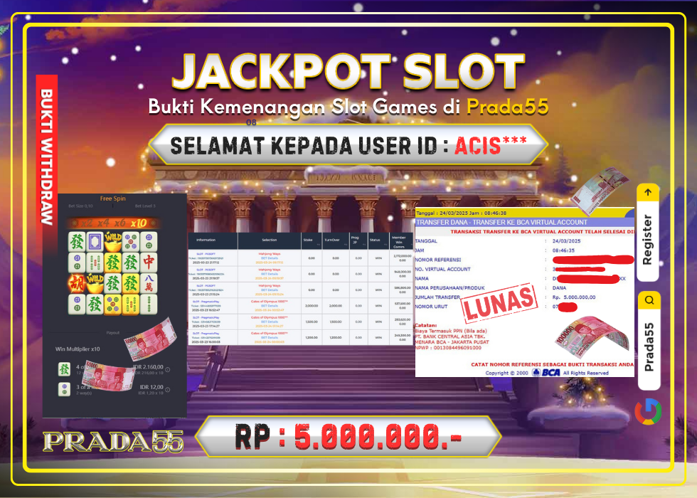 JACKPOT SLOT PG-SOFT MAHJONG WAYS RP.5.000.000,- LUNAS DI PRADA55!