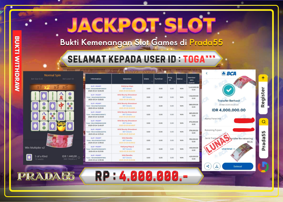 JACKPOT SLOT PG-SOFT MAHJONG WAYS RP.4.000.000,- LUNAS DI PRADA55!