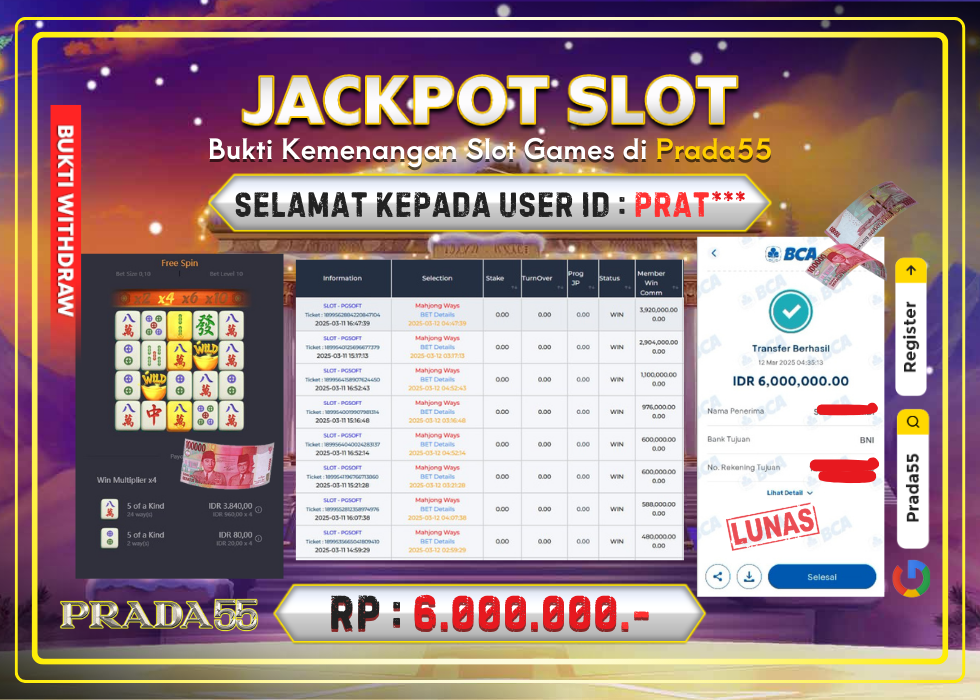 JACKPOT SLOT PG-SOFT MAHJONG WAYS RP.6.000.000,- LUNAS DI PRADA55!