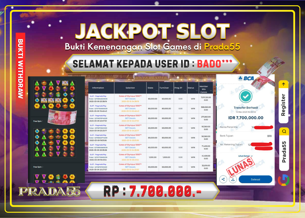 JACKPOT SLOT GATES OF OLYMPUS 1000 RP.7.700.000,- LUNAS DI PRADA55!