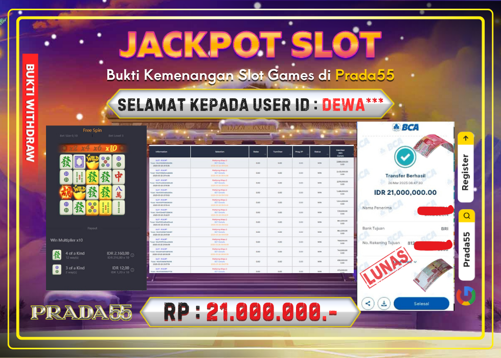 JACKPOT SLOT PG-SOFT MAHJONG WAYS RP.21.000.000,- LUNAS DI PRADA55!