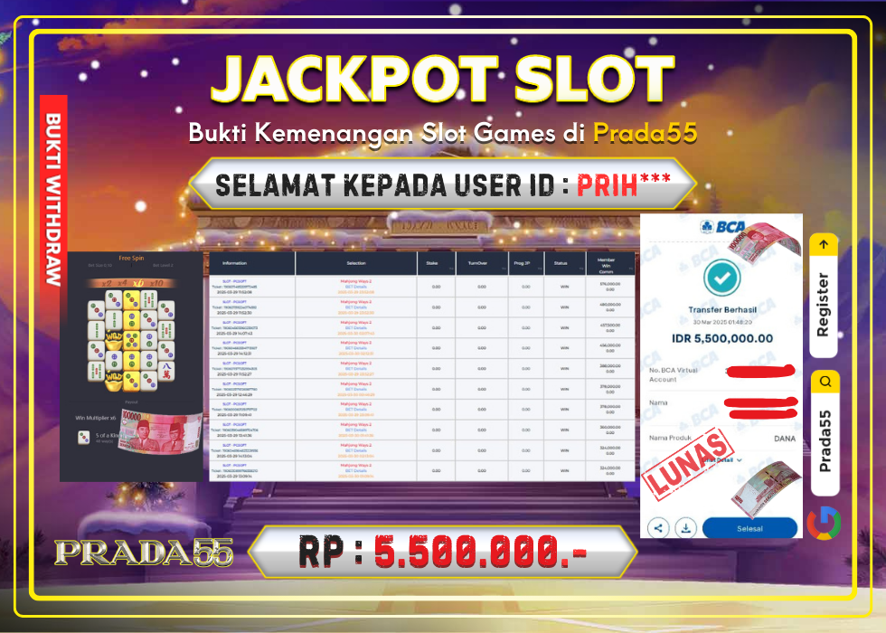 JACKPOT SLOT PG-SOFT MAHJONG WAYS 2 RP.5.500.000,- LUNAS DI PRADA55!