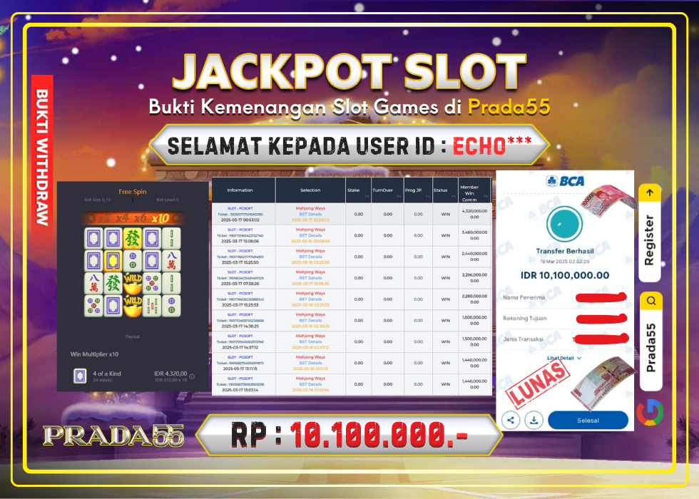 JACKPOT SLOT PG-SOFT MAHJONG WAYS RP.10.100.000,- LUNAS DI PRADA55!