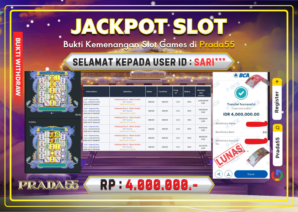 JACKPOT SLOT PRAGMATIC MAHJONG WIN3 BLACK SCATTER RP.4.000.000,- LUNAS DI PRADA55!