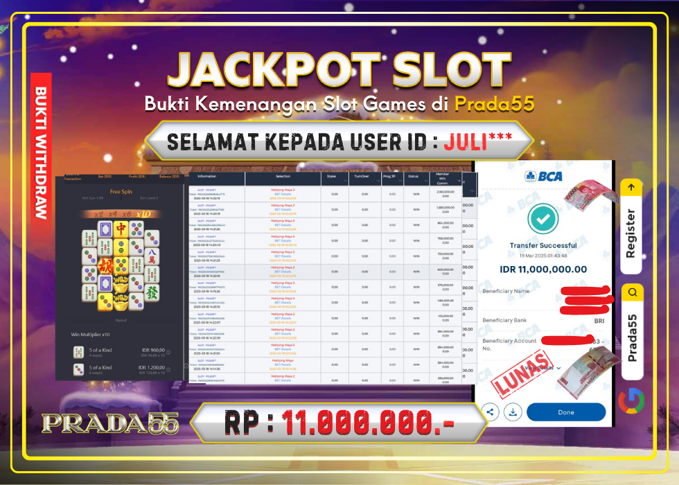 JACKPOT SLOT PG-SOFT MAHJONG WAYS RP.11.000.000,- LUNAS DI PRADA55!
