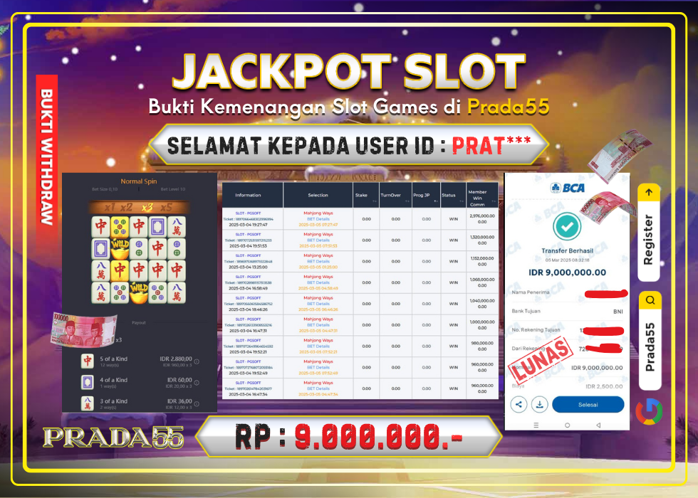 JACKPOT SLOT PG-SOFT MAHJONG WAYS RP.9.000.000,- LUNAS DI PRADA55!