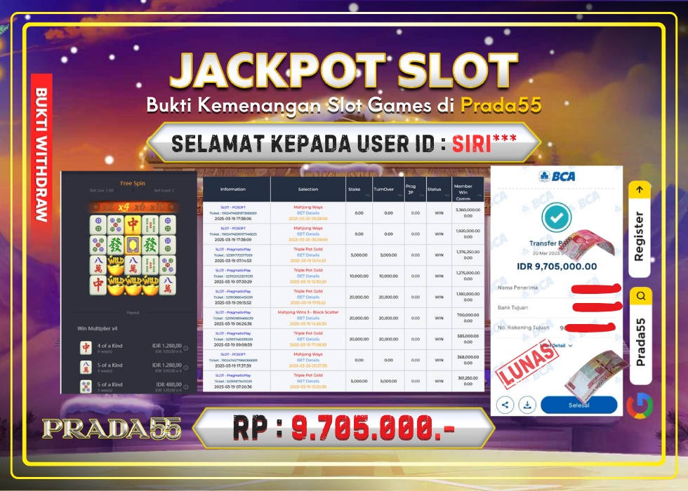 JACKPOT SLOT PG-SOFT MAHJONG WAYS RP.9.705.000,- LUNAS DI PRADA55!