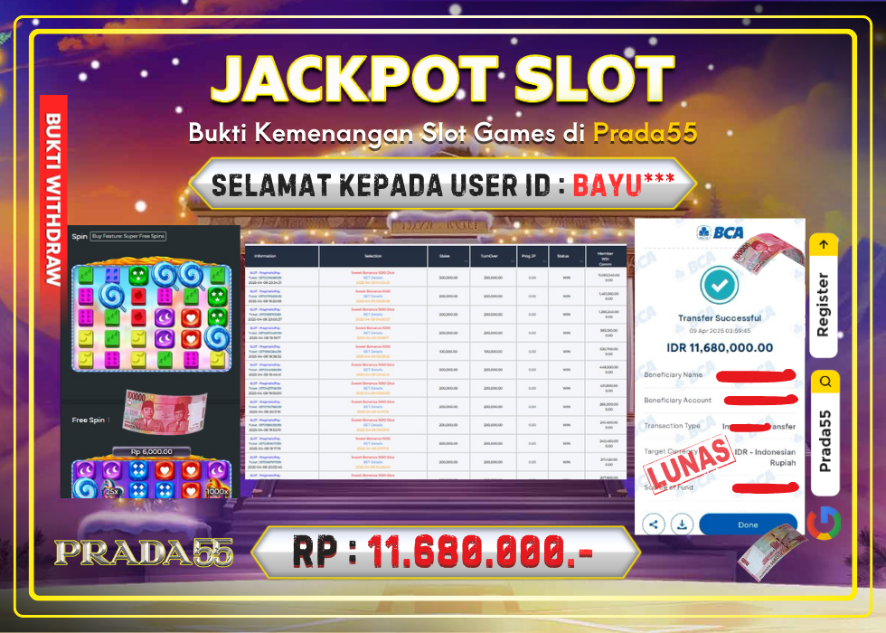 JACKPOT SLOT PRAGMATIC SWEET BONANZA 1000 DICE RP.11.680.000,- LUNAS DI PRADA55!