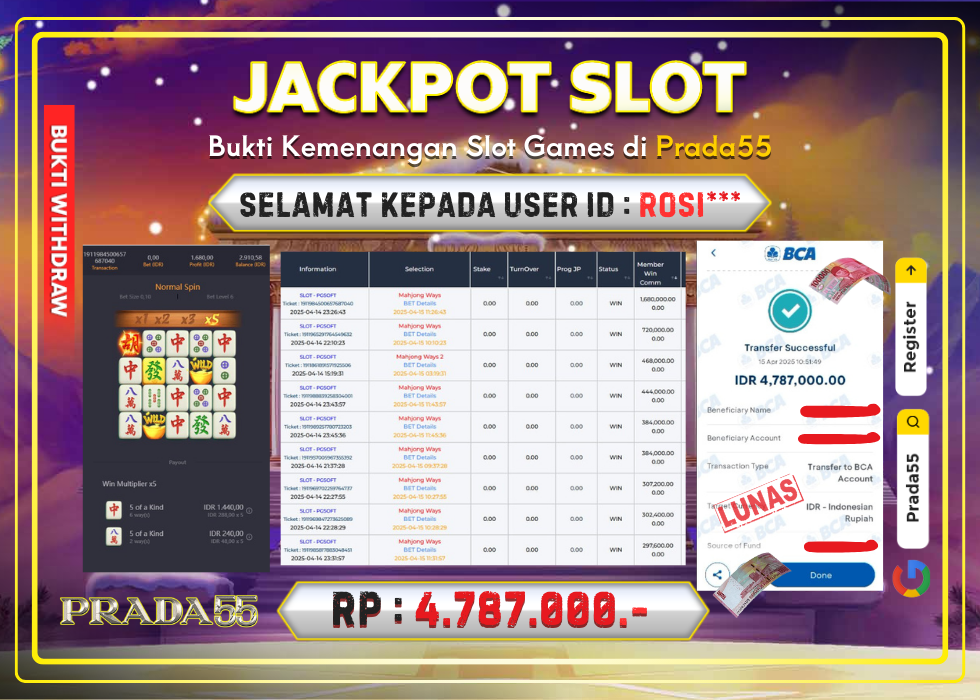 JACKPOT SLOT PG-SOFT MAHJONG WAYS RP.4.787.000,- LUNAS DI PRADA55!