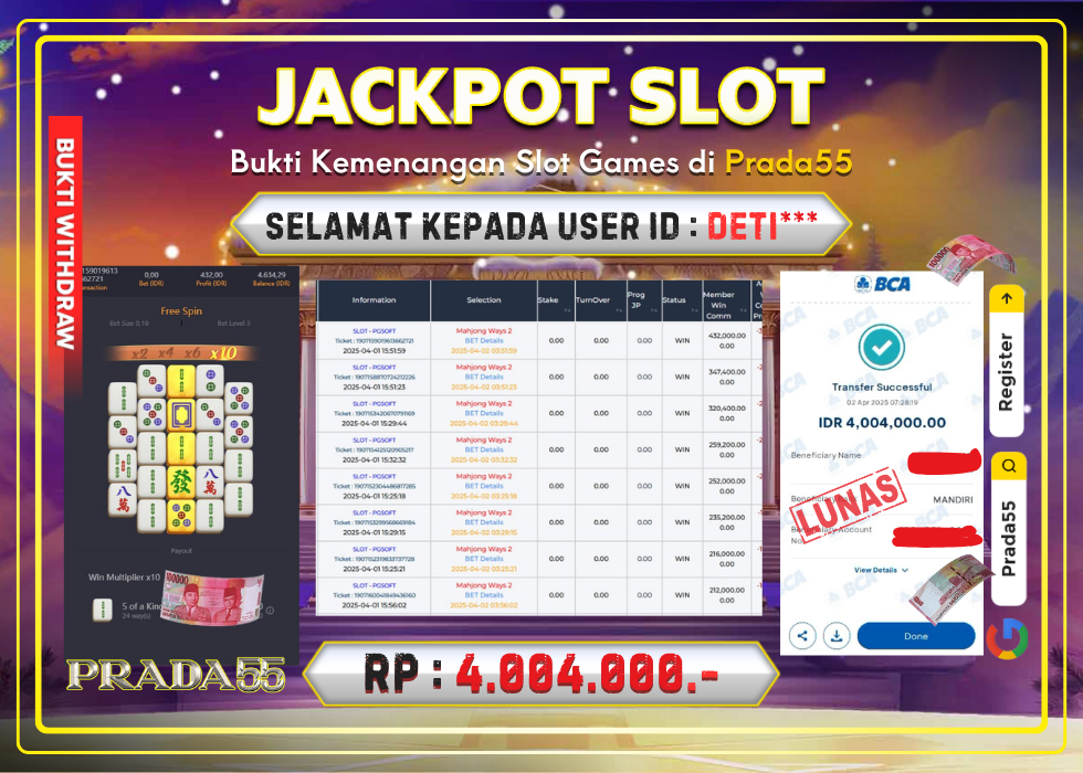 JACKPOT SLOT PG-SOFT MAHJONG WAYS RP.4.004.000,- LUNAS DI PRADA55!