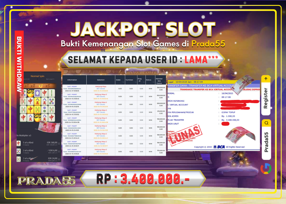 JACKPOT SLOT PG-SOFT MAHJONG WAYS RP.3.400.000,- LUNAS DI PRADA55!