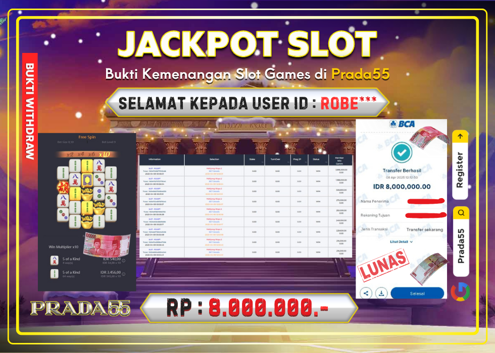 JACKPOT SLOT PG-SOFT MAHJONG WAYS 2 RP.8.000.000,- LUNAS DI PRADA55!
