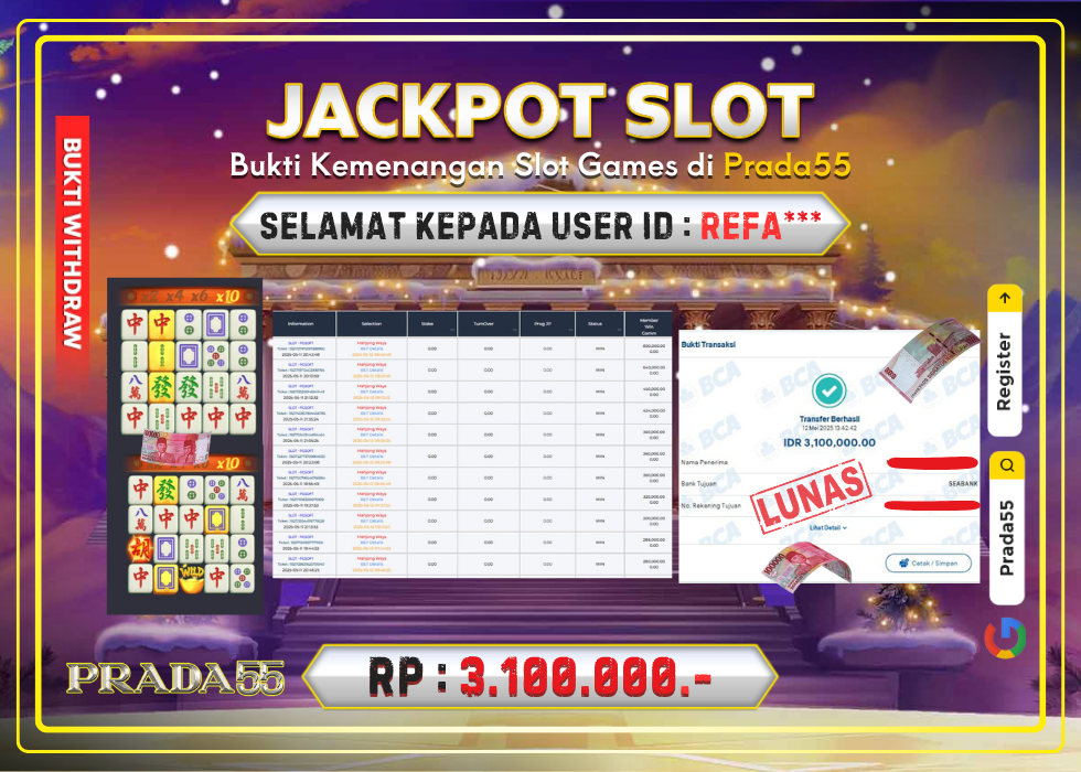 JACKPOT SLOT PG-SOFT MAHJONG WAYS RP.3.100.000,- LUNAS DI PRADA55!