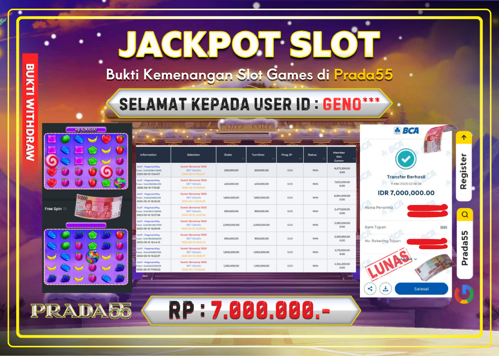 JACKPOT SLOT PRAGMATIC SWEET BONANZA 1000 RP.7.000.000,- LUNAS DI PRADA55!
