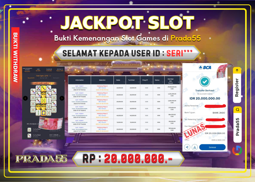 JACKPOT SLOT PG-SOFT MAHJONG WAYS 2 RP.20.000.000,- LUNAS DI PRADA55!