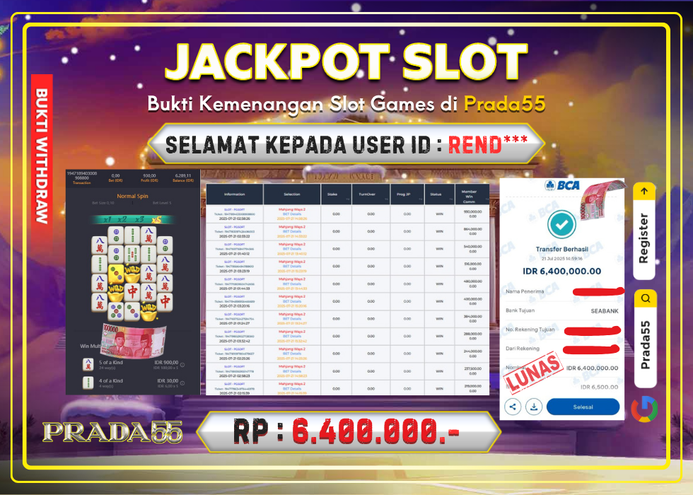 JACKPOT SLOT PG-SOFT MAHJONG WAYS 2 RP.6.400.000,- LUNAS DI PRADA55!