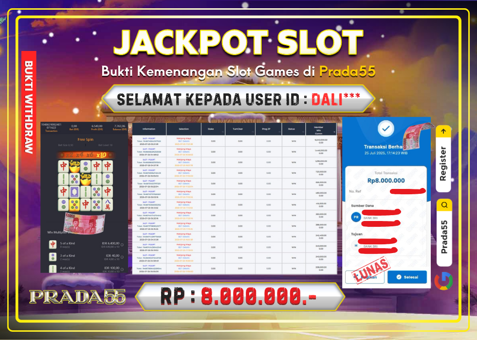 JACKPOT SLOT PG-SOFT MAHJONG WAYS RP.8.000.000,- LUNAS DI PRADA55!