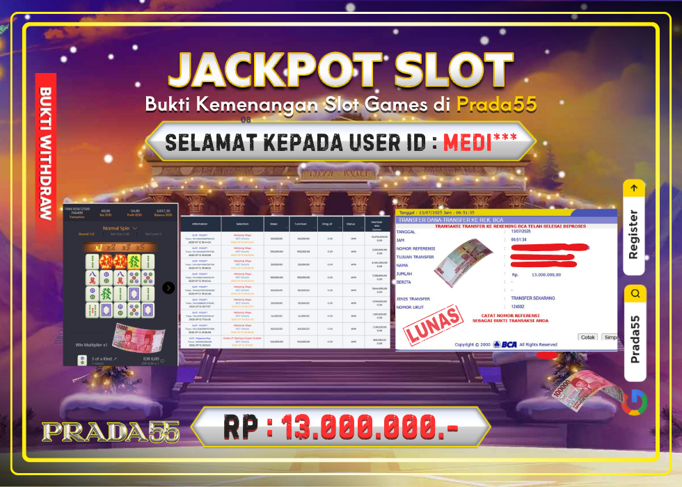 JACKPOT SLOT PG-SOFT MAHJONG WAYS RP.13.000.000,- LUNAS DI PRADA55!