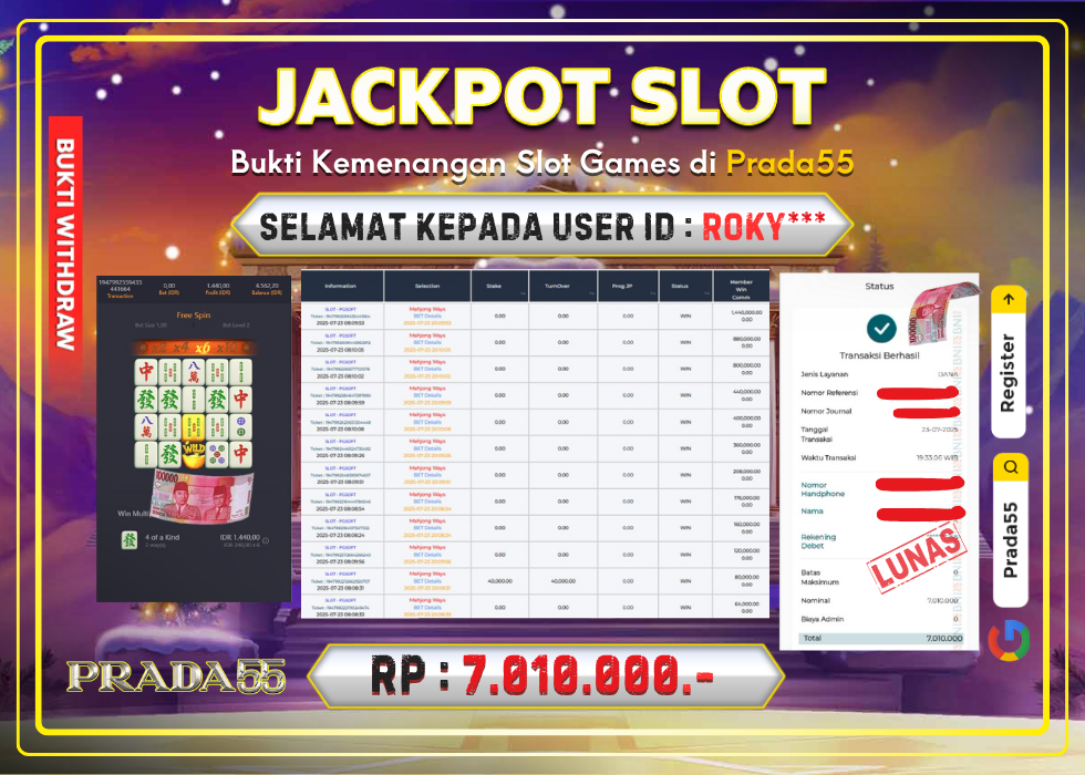 JACKPOT SLOT PG-SOFT MAHJONG WAYS RP.7.010.000,- LUNAS DI PRADA55!