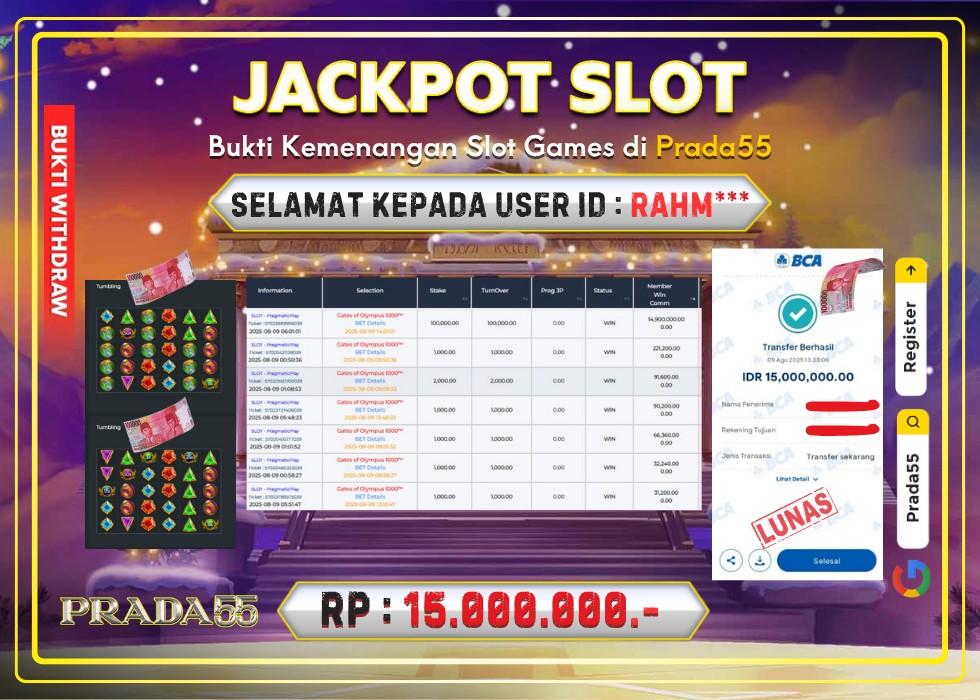 JACKPOT SLOT GATES OF OLYMPUS 1000 RP.15.000.000,- LUNAS DI PRADA55!
