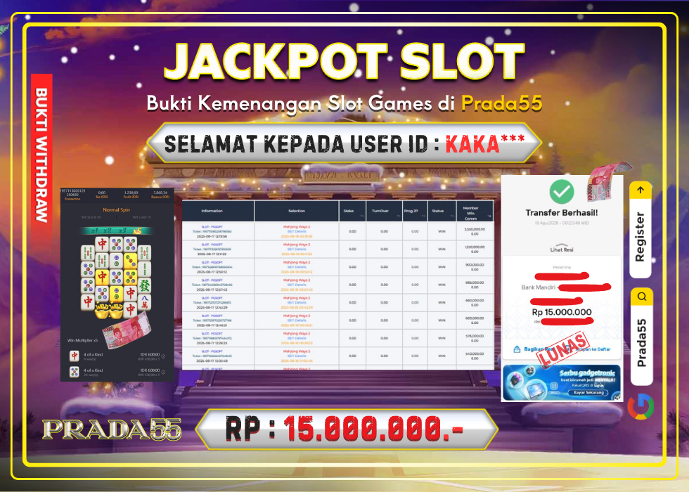 JACKPOT SLOT PG-SOFT MAHJONG WAYS RP.15.000.000,- LUNAS DI PRADA55!
