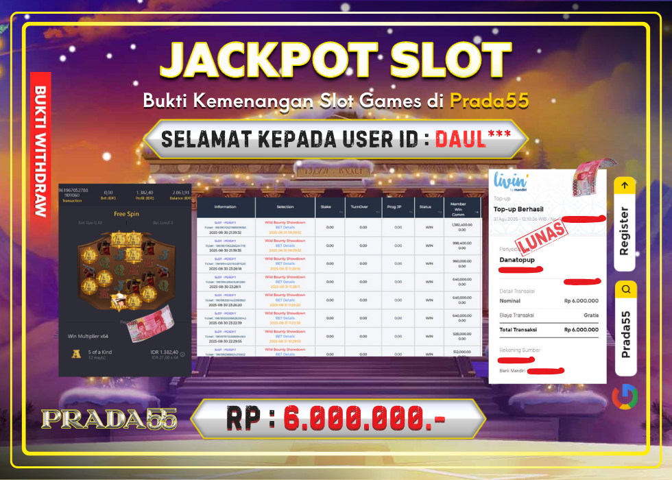 JACKPOT SLOT PG-SOFT WILD BOUNTY SHOWDOWN RP.6.000.000,- LUNAS DI PRADA55!