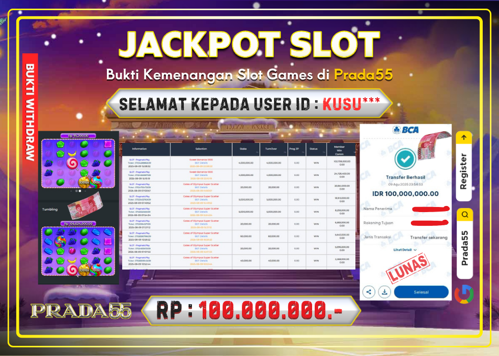 JACKPOT SLOT PRAGMATIC SWEET BONANZA 1000 RP.100.000.000,- LUNAS DI PRADA55!