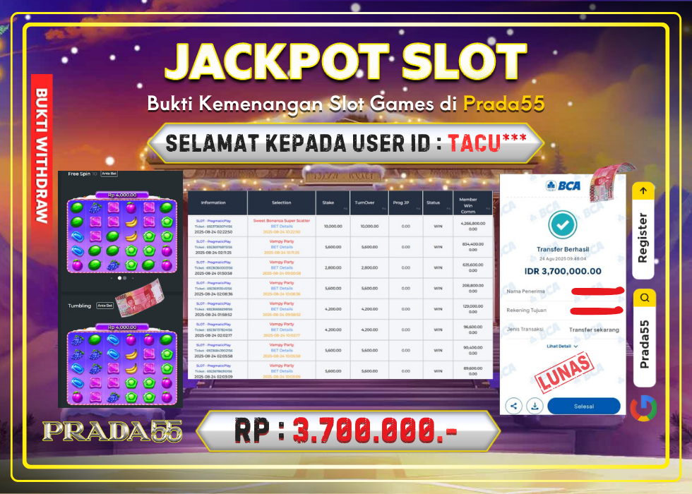 JACKPOT SLOT PRAGMATIC SWEET BONANZA SUPER SCATTER RP.3.700.000,- LUNAS DI PRADA55!