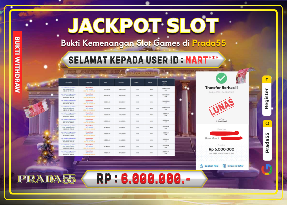 JACKPOT SLOT LIVE CASINO PRAGMATIC PLAY MEGA WHEEL RP.6.000.000,- LUNAS DI PRADA55!