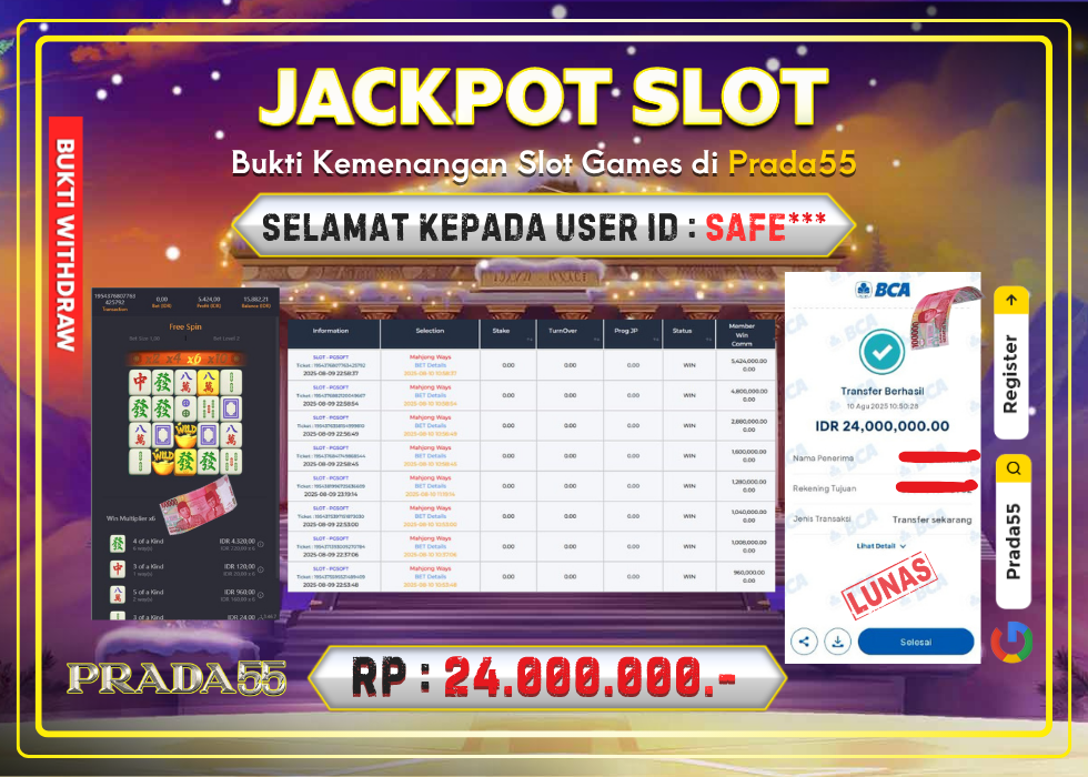 JACKPOT SLOT PG-SOFT MAHJONG WAYS RP.24.000.000,- LUNAS DI PRADA55!