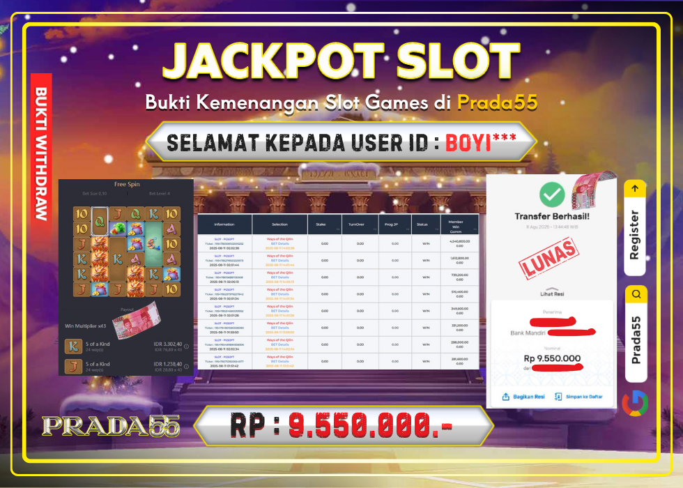 JACKPOT SLOT PG-SOFT WAYS OF THE QILIN RP.9.550.000,- LUNAS DI PRADA55!