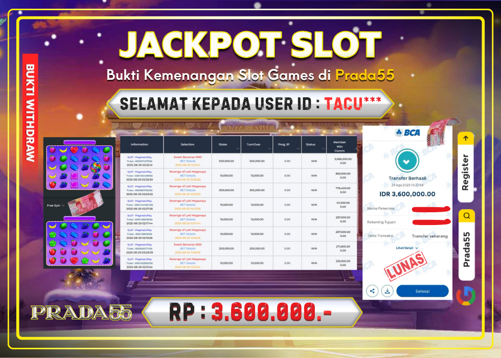 JACKPOT SLOT PRAGMATIC SWEET BONANZA 1000 RP.3.600.000,- LUNAS DI PRADA55!