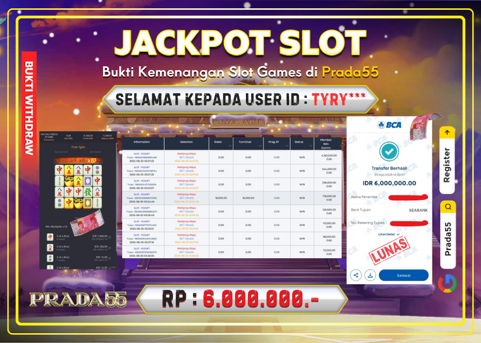JACKPOT SLOT PG-SOFT MAHJONG WAYS RP.6.000.000,- LUNAS DI PRADA55!