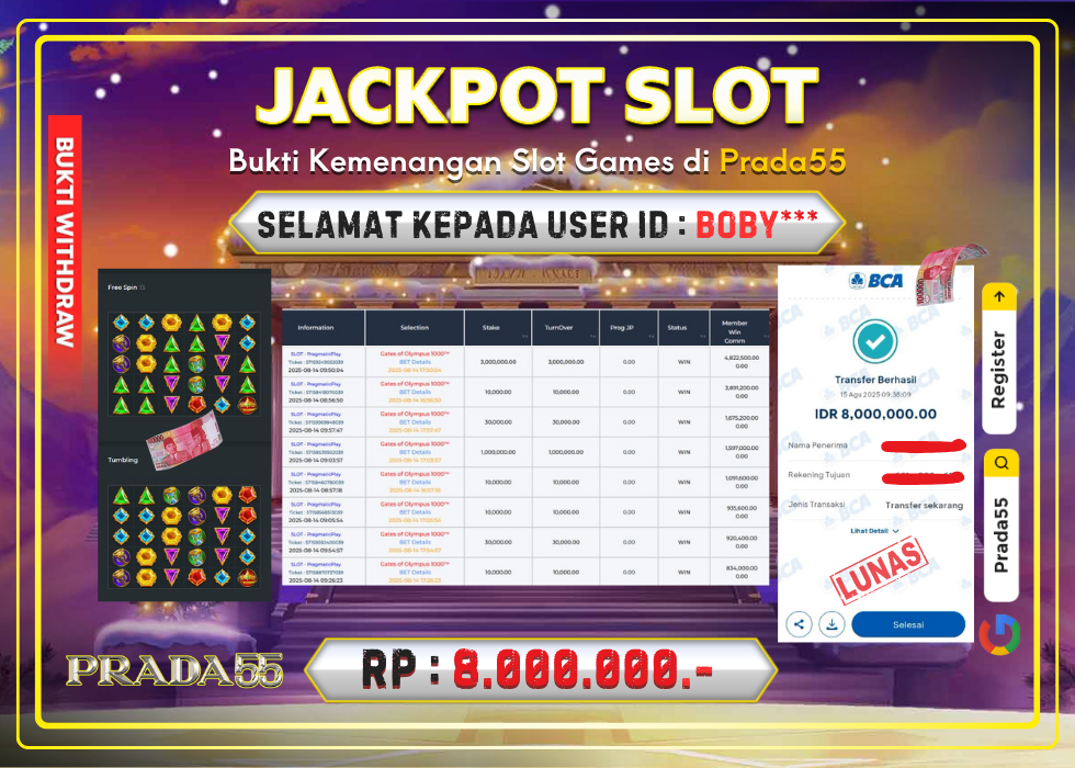 JACKPOT SLOT PRAGMATIC GATES OF OLYMPUS 1000 RP.8.000.000,- LUNAS DI PRADA55!