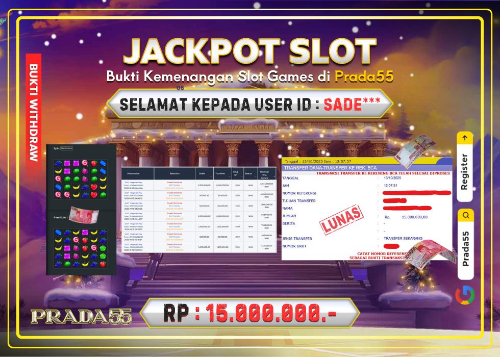 JACKPOT SLOT PRAGMATIC SWEET BONANZA RP.15.000.000,- LUNAS DI PRADA55!