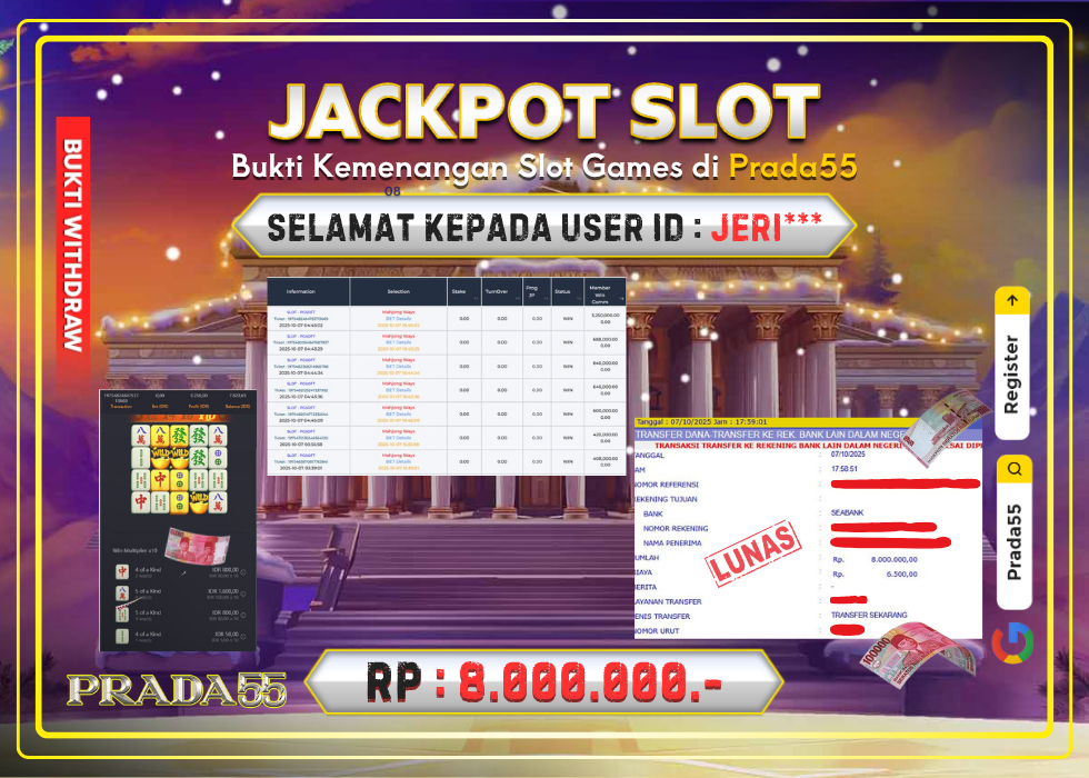 JACKPOT SLOT PG-SOFT MAHJONG WAYS RP.8.000.000,- LUNAS DI PRADA55!