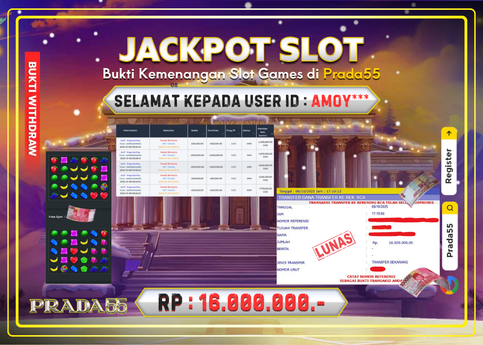 JACKPOT SLOT PRAGMATIC SWEET BONANZA RP.16.000.000,- LUNAS DI PRADA55!