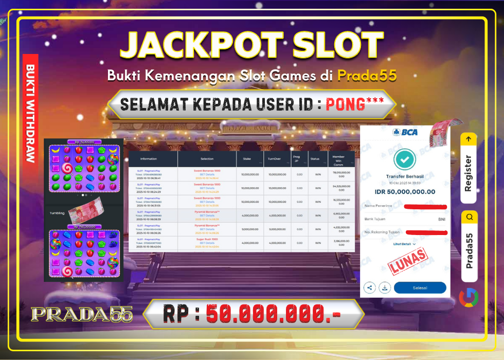JACKPOT SLOT PRAGMATIC SWEET BONANZA1000 RP.50.000.000,- LUNAS DI PRADA55!