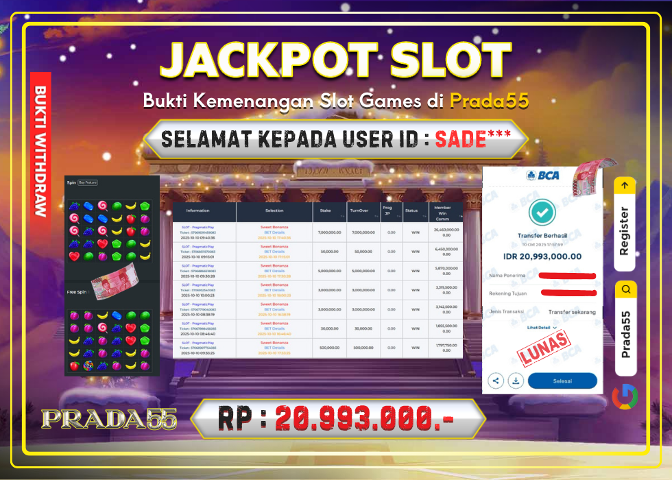 JACKPOT SLOT PRAGMATIC SWEET BONANZA RP.20.993.000,- LUNAS DI PRADA55!